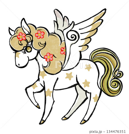 金色のたてがみに花を散りばめたレトロでメルヘンなペガサス 版画風 金色のたてがみに花を散りばめたレトロでメルヘンなペガサス 版画風 134476351
