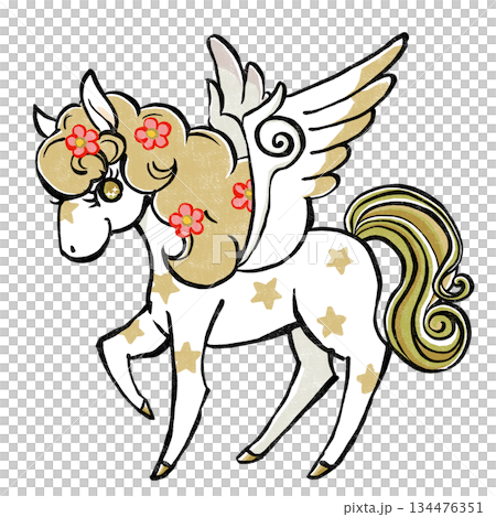 一匹復古童話風格的飛馬，金色的鬃毛，點綴著散落的花朵。印刷風格。 134476351