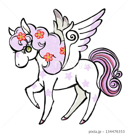 パステルな色合いのたてがみに花を散りばめたレトロでメルヘンなペガサス　版画風 134476353