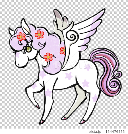 パステルな色合いのたてがみに花を散りばめたレトロでメルヘンなペガサス　版画風 134476353
