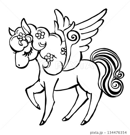 たてがみに花を散りばめたレトロでメルヘンな目を閉じたペガサス　筆描き・白と黒 134476354
