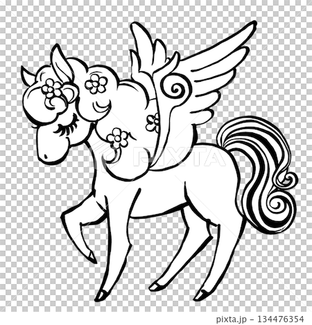 たてがみに花を散りばめたレトロでメルヘンな目を閉じたペガサス　筆描き・白と黒 134476354