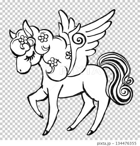 たてがみに花を散りばめたレトロでメルヘンな目を閉じたペガサス 版画風・白と黒 たてがみに花を散りばめたレトロでメルヘンな目を閉じたペガサス 版画風・白と黒 134476355