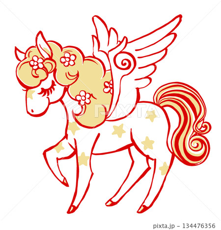 たてがみに花を散りばめたレトロでメルヘンな目を閉じたペガサス　筆描き・2色塗り 134476356