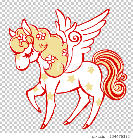 たてがみに花を散りばめたレトロでメルヘンな目を閉じたペガサス　筆描き・2色塗り 134476356