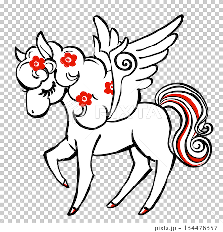一匹復古童話風格的飛馬，雙眼緊閉，鬃毛上散落著鮮花。以紅色和黑色毛筆繪製而成。 134476357