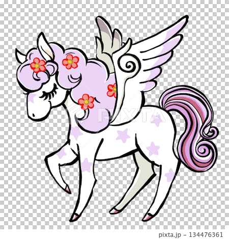 一匹復古童話般的飛馬，雙眼緊閉，粉彩色的鬃毛上點綴著花。採用筆觸繪製，霧面質感。 134476361