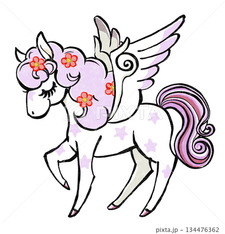パステルな色合いのたてがみに花を散りばめたレトロでメルヘンな目を閉じたペガサス　版画風 134476362