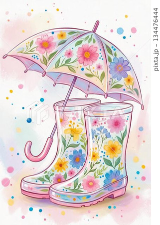 花柄の傘とレインブーツ 134476444