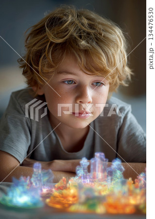 Thoughtful child gazes at colorful toys, sparking imagination Thoughtful child gazes at colorful toys, sparking imagination 134476530