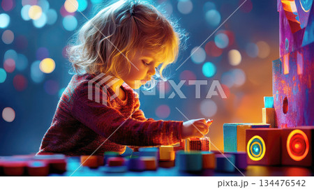 Child playing with colorful building blocks in soft light. 134476542