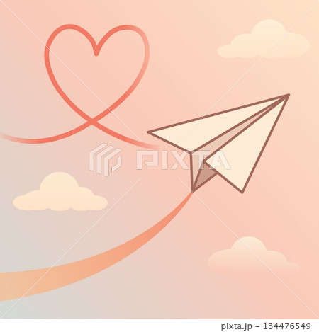 Paper airplane drawing a heart trail in soft pastel sky illustration Paper airplane drawing a heart trail in soft pastel sky illustration 134476549