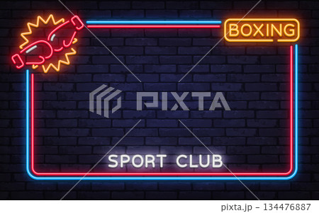 Dynamic neon vector frame with boxing sport club text and striking glove graphic. Great for fitness campaigns, competition banners, and athletic branding. 134476887