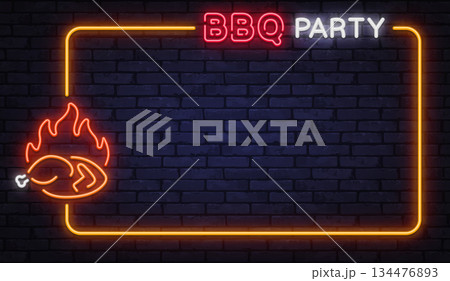 Vibrant neon vector frame with BBQ party lettering and roasted meat symbol. Designed for festive invites, food posters, and backyard grill celebrations. 134476893
