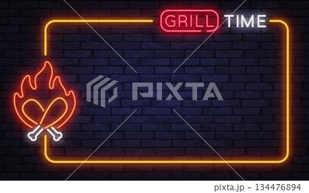 Hot neon vector frame with grill time sign and flaming meat icon. Ideal for barbecue ads, summer events, and outdoor cooking promotions. 134476894