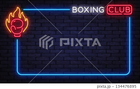Intense neon vector frame with boxing club sign and flaming glove icon. Perfect for combat training promotion, fitness posters, and bold gym branding. Intense neon vector frame with boxing club sign and flaming glove icon. Perfect for combat training promotion, fitness posters, and bold gym branding. 134476895