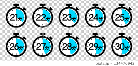Stopwatch icon showing time (21 minutes/22 minutes/23 minutes/24 minutes/25 minutes/26 minutes/27 minutes/28 minutes) 134476942