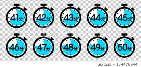 Stopwatch icon showing time (41 minutes/42 minutes/43 minutes/44 minutes/45 minutes/46 minutes/47 minutes/48 minutes) 134476944
