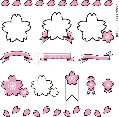 桜の花と花びらのアイコン・フレーム・リボンのセット。春の卒業や入学のお祝いに最適な和風ラインアートイ 桜の花と花びらのアイコン・フレーム・リボンのセット。春の卒業や入学のお祝いに最適な和風ラインアートイ 134476957