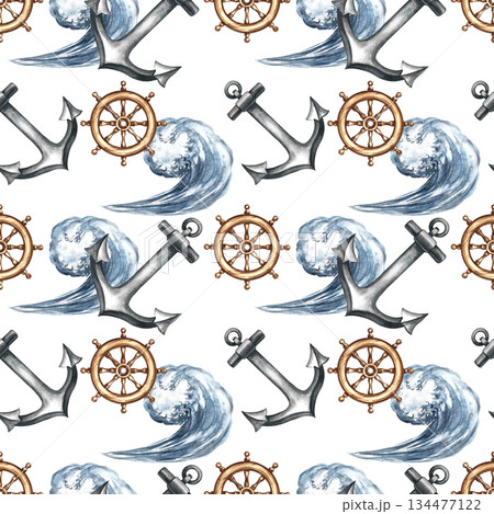 Seamless nautical pattern with ship's wheels, anchors and waves. Hand-drawn watercolor illustrations. Color image. For textiles, wrapping paper, packaging, backgrounds and more. Seamless nautical pattern with ship's wheels, anchors and waves. Hand-drawn watercolor illustrations. Color image. For textiles, wrapping paper, packaging, backgrounds and more. 134477122