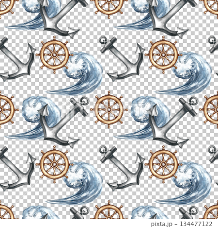Seamless nautical pattern with ship's wheels, anchors and waves. Hand-drawn watercolor illustrations. Color image. For textiles, wrapping paper, packaging, backgrounds and more. Seamless nautical pattern with ship's wheels, anchors and waves. Hand-drawn watercolor illustrations. Color image. For textiles, wrapping paper, packaging, backgrounds and more. 134477122