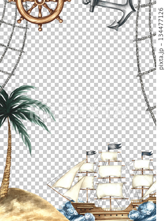 A frame with a seascape and a ship. Hand-drawn watercolor illustration. A ship at sea, an island with a palm tree, a steering wheel, and an anchor. For greeting and invitation cards, posters, and more A frame with a seascape and a ship. Hand-drawn watercolor illustration. A ship at sea, an island with a palm tree, a steering wheel, and an anchor. For greeting and invitation cards, posters, and more 134477126