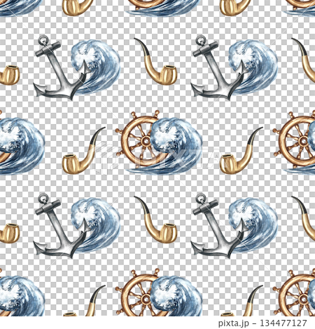 Seamless nautical pattern. Hand-drawn watercolor illustrations. Ship's wheel, anchors, captain's smoking pipes and waves. Concept of nautical establishment design. For textiles, packaging and more. Seamless nautical pattern. Hand-drawn watercolor illustrations. Ship's wheel, anchors, captain's smoking pipes and waves. Concept of nautical establishment design. For textiles, packaging and more. 134477127