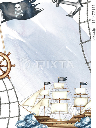 A pirate-themed frame. Hand-drawn watercolor illustration. A ship at sea, a steering wheel, an anchor, and a pirate flag. On a gray, watercolor background. For postcards, posters, flyers, and more. 134477133