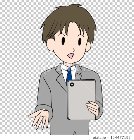 タブレットを持って説明する男性ビジネスパーソン 134477195