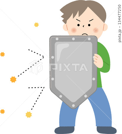 ウイルスを盾でガードする男性 134477250