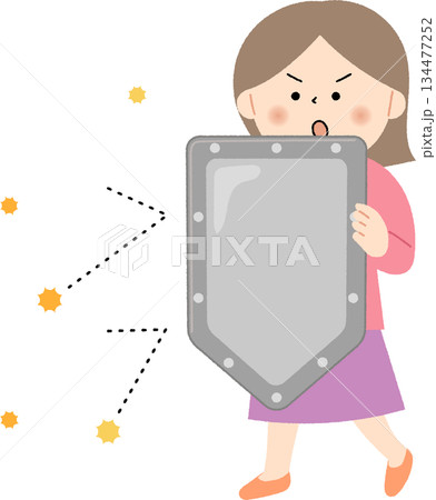 ウイルスを盾でガードする女性 134477252