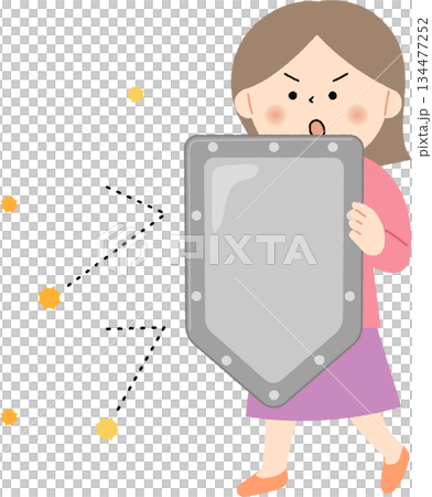 ウイルスを盾でガードする女性 134477252