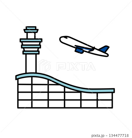 イラスト素材: 空港ターミナルと管制塔から離陸する飛行機のイラスト 134477718
