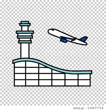 イラスト素材: 空港ターミナルと管制塔から離陸する飛行機のイラスト 134477718