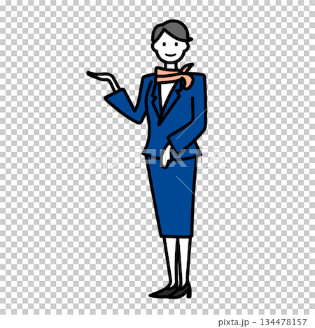 插圖：一張簡單的插圖，描繪了一位女工作人員在機場講解指示。 134478157