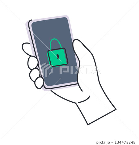 Flat cartoon vector illustration of hand holding smartphone with lock icon on screen, digital security concept, data protection and safe access, modern style for apps, privacy and technology projects 134478249