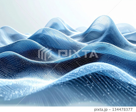 Abstract Blue Digital Landscape with Wavy Patterns and Glowing Particles 134478377