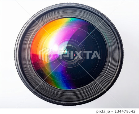 Close up of a camera lens with rainbow light reflections and black exterior 134479342