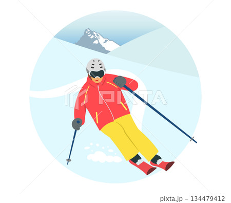 雪山を滑り降りるスキーヤー 134479412