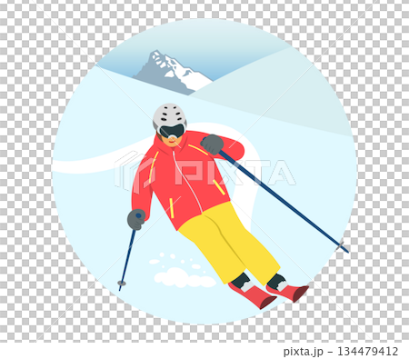 Skier sliding down a snowy mountain 134479412