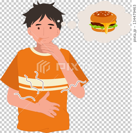 young man experiencing stomach ache and hunger while thinking about a burger young man experiencing stomach ache and hunger while thinking about a burger 134479463