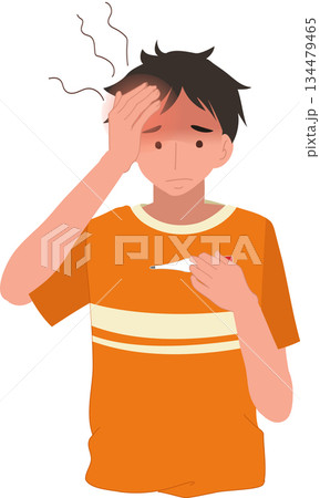 fever sick man holding thermometer health symptom. illness concept. 134479465