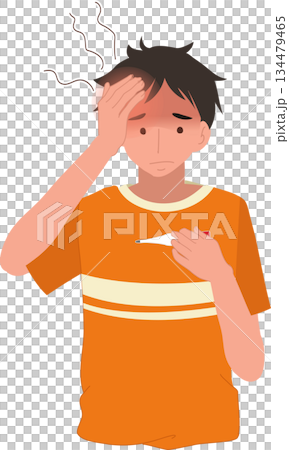 fever sick man holding thermometer health symptom. illness concept. 134479465