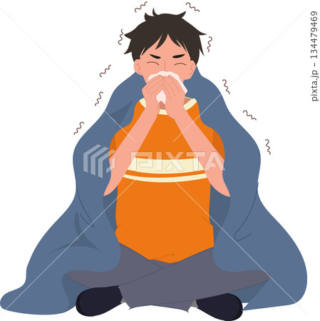sick man with blanket flu allergy cold symptoms medical. 134479469
