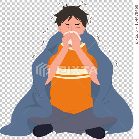 sick man with blanket flu allergy cold symptoms medical. 134479469