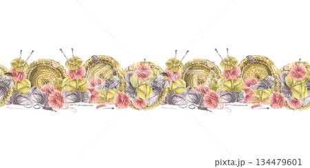 Balls of yarn, threads with knitted basket and knitting needles watercolor seamless border. Realistic hand drawn illustration. Label for hobby handicrafts product. Pattern isolated from background 134479601