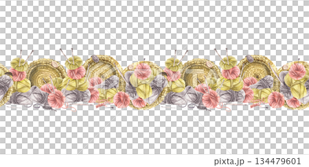 Balls of yarn, threads with knitted basket and knitting needles watercolor seamless border. Realistic hand drawn illustration. Label for hobby handicrafts product. Pattern isolated from background 134479601