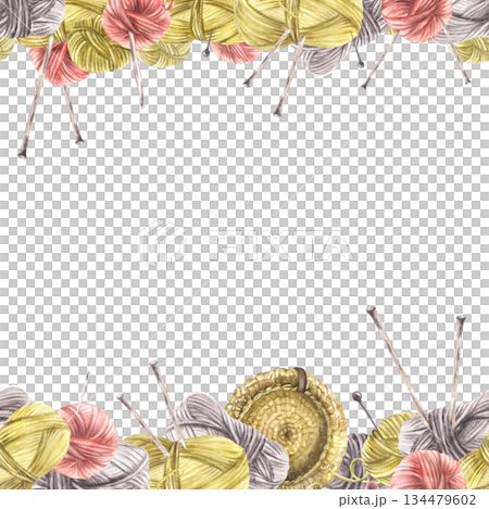 Balls of yarn, threads, knitted basket seamless frame border. Watercolor hand drawn illustration. Realistic painted skeins of string with knitting needles hobby label template isolated from background Balls of yarn, threads, knitted basket seamless frame border. Watercolor hand drawn illustration. Realistic painted skeins of string with knitting needles hobby label template isolated from background 134479602
