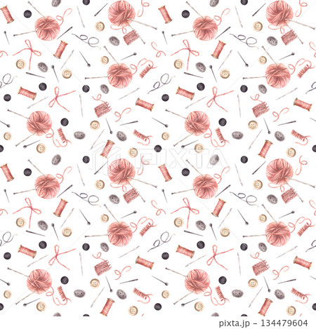Watercolor buttons, yarn ball with knitting needles, thread spool and sewing pins seamless pattern. Needlework handicrafts hobby fabric, wallpaper. Hand drawn illustration on isolated white background 134479604