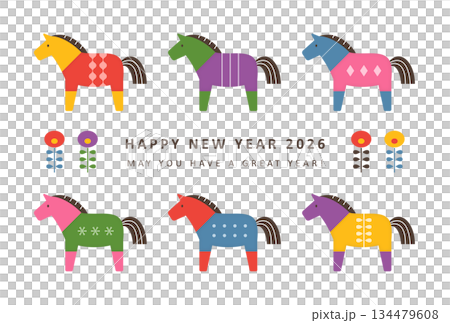 2026 Year of the Horse New Year's card design: A cute New Year's card featuring six colorfully patterned horses 134479608